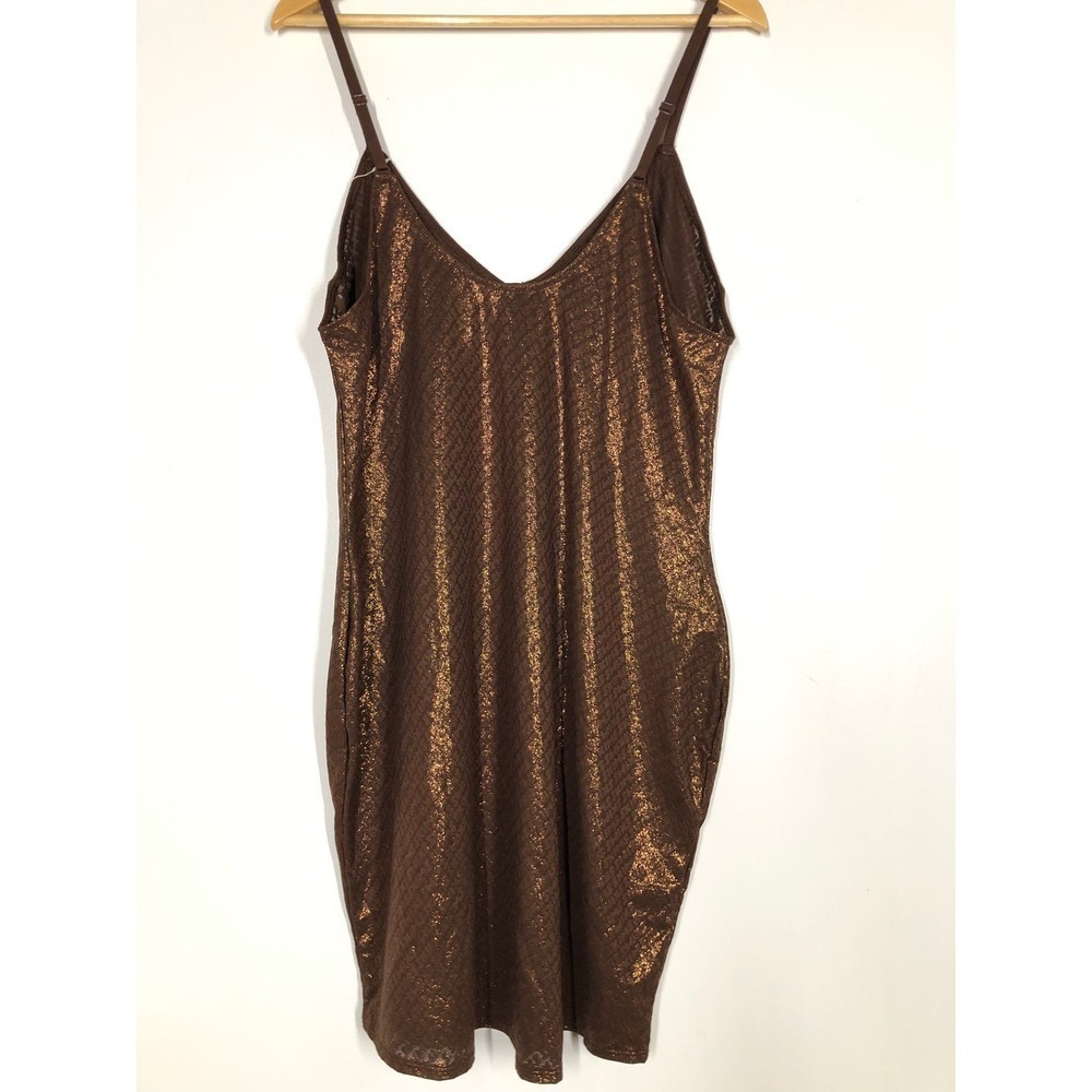 SKIMS Logo Mesh Foil Cami Slip Sleeveless Bodycon Mini Cocoa Brown NWT Size 4X